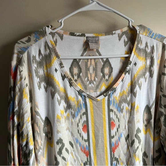 Chicos Zenergy Ikat Trimmed Border White Yellow Patterned Tunic Blouse 3 - Picture 3 of 6